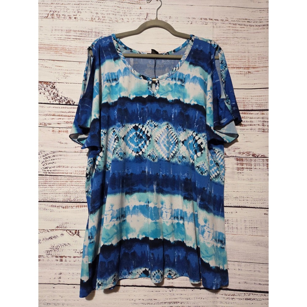 Susan Lawrence Woman Blue Tie Dye Cold Shoulder Shirt 3X Keyhole Short Sleeve